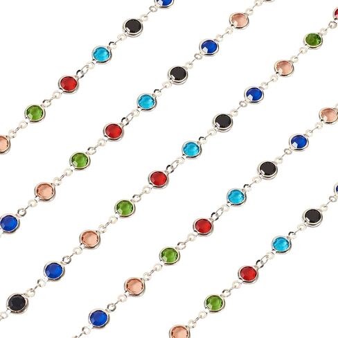 Pandahall 16.4 Feet Crystal Rhinestone Chains Platinum Plated Handmade Brass Chains Colorful Glass Flat Round Link Chains for Bracelet Necklace Jewelry Making in Saudi Arabia