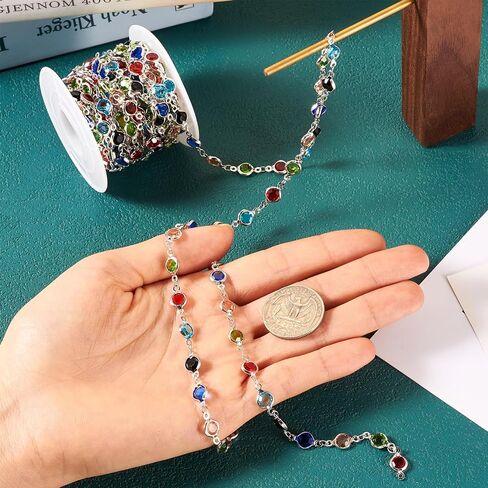 Pandahall 16.4 Feet Crystal Rhinestone Chains Platinum Plated Handmade Brass Chains Colorful Glass Flat Round Link Chains for Bracelet Necklace Jewelry Making in Saudi Arabia