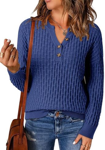 Dokotoo Womens Sweaters 2024 Casual Long Sleeve V Neck Textured Button Fall Sweater Loose Fit Pullover Jumper Tops in Saudi Arabia