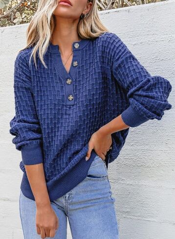 Dokotoo Womens Sweaters 2024 Casual Long Sleeve V Neck Textured Button Fall Sweater Loose Fit Pullover Jumper Tops in Saudi Arabia