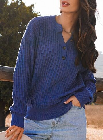 Dokotoo Womens Sweaters 2024 Casual Long Sleeve V Neck Textured Button Fall Sweater Loose Fit Pullover Jumper Tops in Saudi Arabia