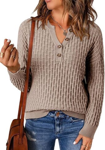 Dokotoo Womens Sweaters 2024 Casual Long Sleeve V Neck Textured Button Fall Sweater Loose Fit Pullover Jumper Tops in Saudi Arabia