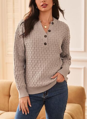 Dokotoo Womens Sweaters 2024 Casual Long Sleeve V Neck Textured Button Fall Sweater Loose Fit Pullover Jumper Tops in Saudi Arabia
