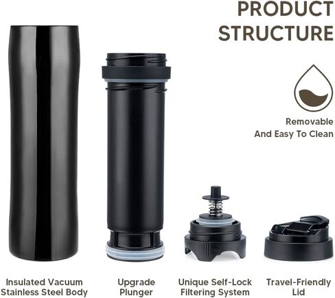 Portable French Press Car-Go Coffee Maker Vacuum Insulated Travel Coffee Mug Cup, Hot/Cold Brew Coffee Press With Unique Filter Stainless Steel Tea Maker Coffee Pot Outdoor Camping Bottle, 320ml/11oz in Kuwait