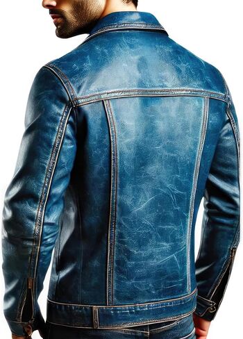 Men's Vintage Distressed Blue Leather Jacket – Classic Denim-Style Button-Up Leather Coat in Saudi Arabia