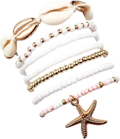 Fuqimanman2020 Boho Shell Starfish Layered Beaded Stretch Bracelet Set for Women Colorful Bohemian Seashell Rice Bead Stackable Bracelets Summer Ocean Beach Vacation Jewelry Gift in Saudi Arabia