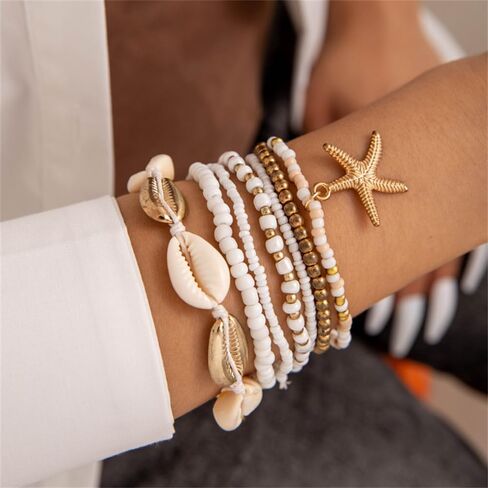 Fuqimanman2020 Boho Shell Starfish Layered Beaded Stretch Bracelet Set for Women Colorful Bohemian Seashell Rice Bead Stackable Bracelets Summer Ocean Beach Vacation Jewelry Gift in Saudi Arabia