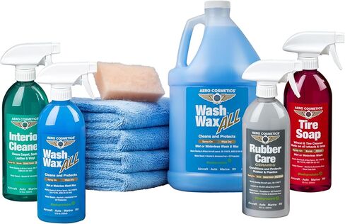 مجموعة شمع غسيل السيارات الرطب أو بدون ماء من Aero Cosmetics، 192 أونصة، جودة الطائرات لسيارتك، عربة سكن متنقلة، قارب، دراجة نارية. الخارجي والداخلي. رش على قطعة التفاصيل وامسحها لتجف (مجموعة كاملة) in Kuwait