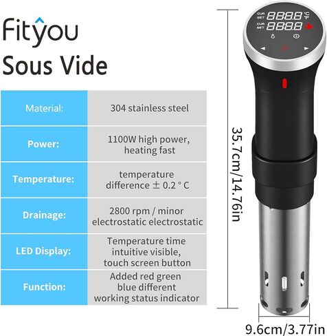 Fityou Sous Vide Cooker 1100W, Thermal Immersion Circulator with Recipe and Adjustable Clamp, Sous Vide Heater with Accurate Temperature & Digital Timer, Ultra Quiet Stainless Steel in Kuwait