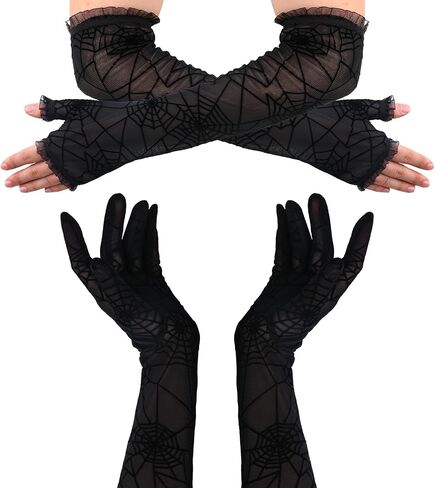 DIVINA VITAE 2Pairs Spider Web Witch Gloves Lace Fingerless Gloves,Half Finger Mesh Gloves Black Spider Web Long Gloves for Halloween Party Cosplay in Saudi Arabia