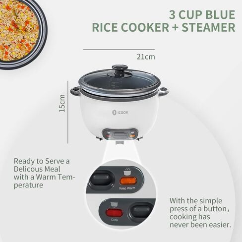 ICOOK 3-Cup Uncooked 6-Cup Cooked Blue Rice Cooker 0.6L Grains,Oatmeal,Cereals Cooker,Rice Warmer Steamer,Small Mini Rice Cooker,Removable Nonstick Pot,Full View Glass Lid,Blue in Saudi Arabia