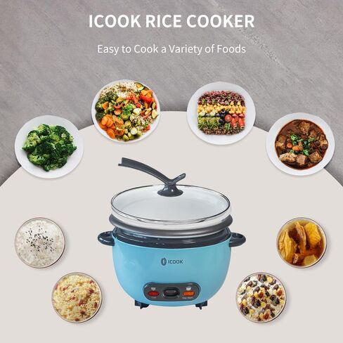 ICOOK 3-Cup Uncooked 6-Cup Cooked Blue Rice Cooker 0.6L Grains,Oatmeal,Cereals Cooker,Rice Warmer Steamer,Small Mini Rice Cooker,Removable Nonstick Pot,Full View Glass Lid,Blue in Saudi Arabia