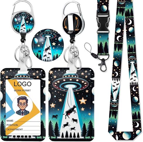 HASFINE UFO and Cow Badge Holder with Breakaway Lanyard & Retractable Badge Reel with Heavy Duty Carabiner，360°Rotation Clip & Key Ring,Funny ID Card Holder for Office Work,Teacher,Student in Kuwait