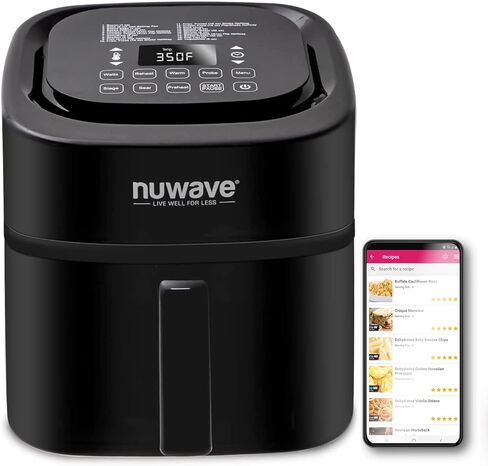 مقلاة الهواء NUWAVE Brio 8-Qt ، قوية 1800 واط ، شاشة بيضاء رائعة سهلة القراءة، 50 درجة مئوية - 204 درجة مئوية مع 100 مسبقة مبرمجة مسبقًا و50 فتحة ذاكرة ، ميزان حرارة ذكي مدمج، تقنية T in Saudi Arabia