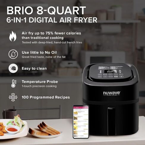 مقلاة الهواء NUWAVE Brio 8-Qt ، قوية 1800 واط ، شاشة بيضاء رائعة سهلة القراءة، 50 درجة مئوية - 204 درجة مئوية مع 100 مسبقة مبرمجة مسبقًا و50 فتحة ذاكرة ، ميزان حرارة ذكي مدمج، تقنية T in Saudi Arabia