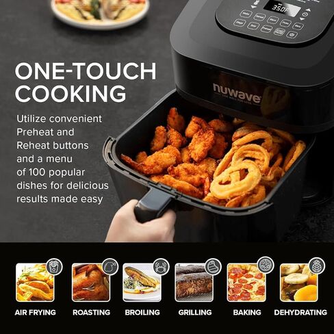 مقلاة الهواء NUWAVE Brio 8-Qt ، قوية 1800 واط ، شاشة بيضاء رائعة سهلة القراءة، 50 درجة مئوية - 204 درجة مئوية مع 100 مسبقة مبرمجة مسبقًا و50 فتحة ذاكرة ، ميزان حرارة ذكي مدمج، تقنية T in Saudi Arabia