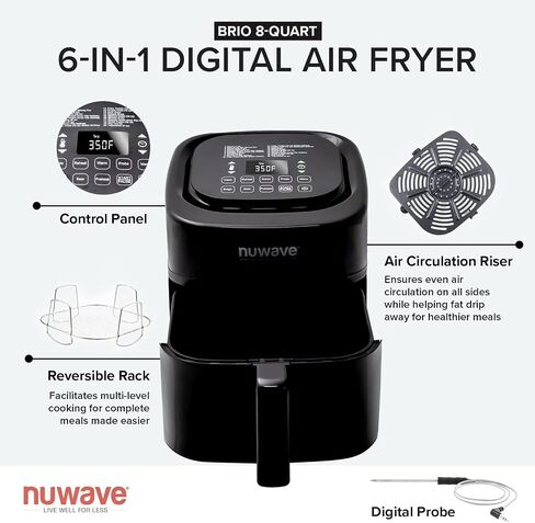 مقلاة الهواء NUWAVE Brio 8-Qt ، قوية 1800 واط ، شاشة بيضاء رائعة سهلة القراءة، 50 درجة مئوية - 204 درجة مئوية مع 100 مسبقة مبرمجة مسبقًا و50 فتحة ذاكرة ، ميزان حرارة ذكي مدمج، تقنية T in Saudi Arabia