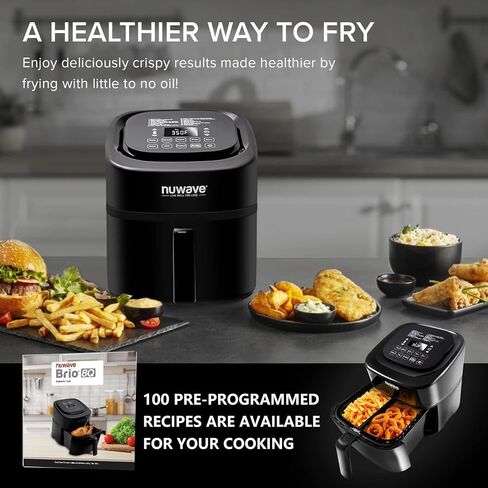مقلاة الهواء NUWAVE Brio 8-Qt ، قوية 1800 واط ، شاشة بيضاء رائعة سهلة القراءة، 50 درجة مئوية - 204 درجة مئوية مع 100 مسبقة مبرمجة مسبقًا و50 فتحة ذاكرة ، ميزان حرارة ذكي مدمج، تقنية T in Saudi Arabia