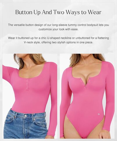Popilush Bodysuits for Women Long Sleeve Tummy Control Shapewear Henley Going Out Shirts Button Down Thong Tank Tops in Saudi Arabia