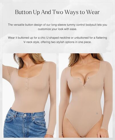 Popilush Bodysuits for Women Long Sleeve Tummy Control Shapewear Henley Going Out Shirts Button Down Thong Tank Tops in Saudi Arabia