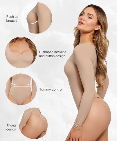 Popilush Bodysuits for Women Long Sleeve Tummy Control Shapewear Henley Going Out Shirts Button Down Thong Tank Tops in Saudi Arabia
