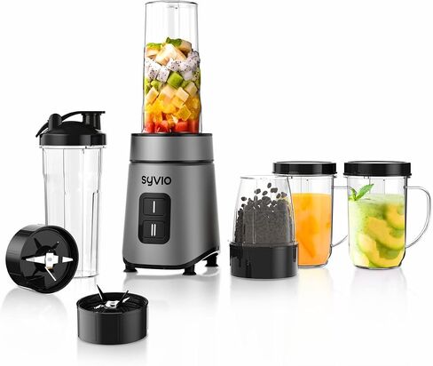 خلاط Syvio Bullet Blender للمخفوقات والعصائر، خلاط شخصي بقدرة 600 واط، خلاط عصير مع كوبين رياضيين خاليين من مادة BPA بسعة 20 أونصة، كوبين للحفلات، كوب قصير 1 * 10 أونصة، سهل التنظيف in Saudi Arabia