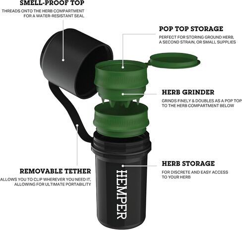HEMPER Keeper 3-IN-1 Grinder + Storage System with Smell Proof Storage With Travel Ready Tether Strap | Lightweight in Saudi Arabia