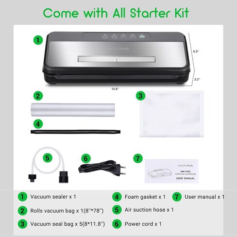 Food Sealer Vacuum Sealer Machine 10-In-1 with Full Starter Kit Built-in Cutter and Bag Storage(Up to 20ft), INKBIRD Moist/Dry/Pulse/Canister/Seal Food Vacuum Sealer Machine with Sealer Bag*5 (8"*11.8") and Bag Roll*1 (11"*118"), Sealing Strip & Foam Gask in Saudi Arabia