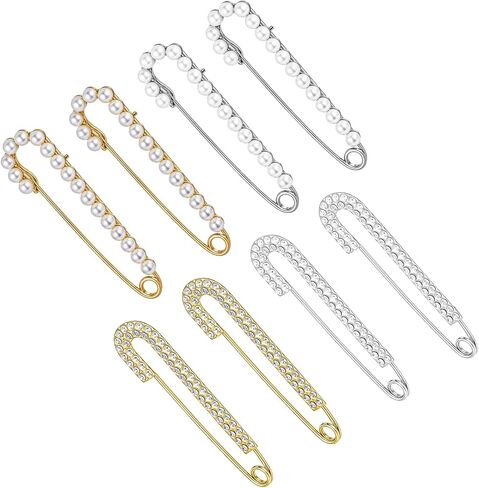 8pcs Women Brooch Safety Pins Sweater Shawl Clips for Clothing, Decorative Safety Pin Charms with Pearl Rhinestone Faux Crystal Pearl Brooch Pins for Skirts Dress Shirt Hat Scarf（Gold and Silver） in Saudi Arabia