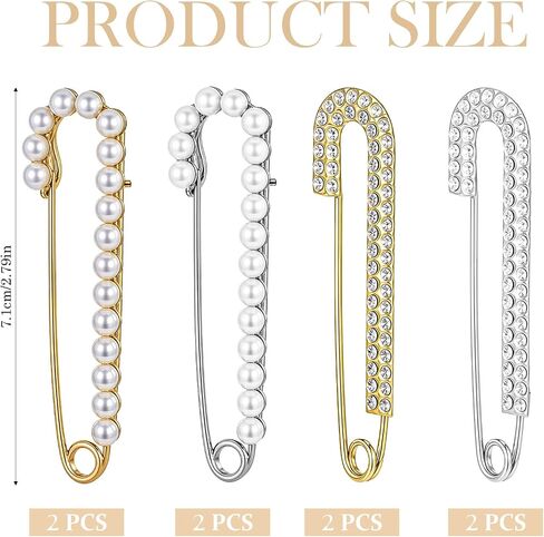 8pcs Women Brooch Safety Pins Sweater Shawl Clips for Clothing, Decorative Safety Pin Charms with Pearl Rhinestone Faux Crystal Pearl Brooch Pins for Skirts Dress Shirt Hat Scarf（Gold and Silver） in Saudi Arabia