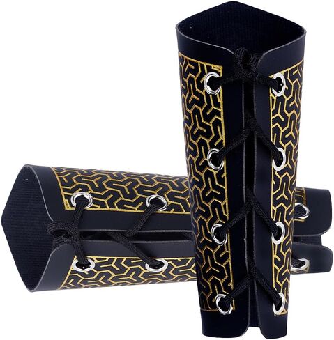 GORGECRAFT 2PCS Leather Arm Guards Medieval Leather Gauntlets Wristband Black Gold Mountain Pattern Armour Bracers Retro Gothic Leather Cosplay Bracer Adjustable Arm Armor Cuff for LARP Costume in Saudi Arabia