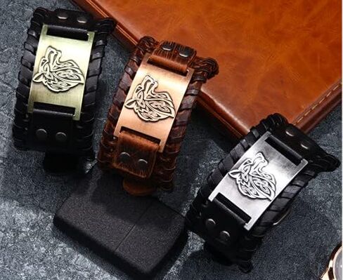 AZYOUNG Men's Black Brown PU Leather Cuff Bracelet Alloy Wolf Head Accessory Wide Leather Bangle Band in Kuwait
