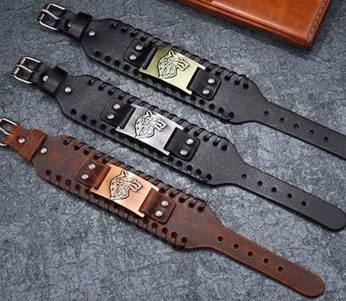 AZYOUNG Men's Black Brown PU Leather Cuff Bracelet Alloy Wolf Head Accessory Wide Leather Bangle Band in Kuwait