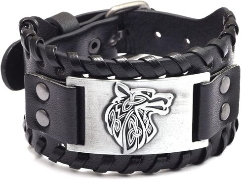 AZYOUNG Men's Black Brown PU Leather Cuff Bracelet Alloy Wolf Head Accessory Wide Leather Bangle Band in Kuwait