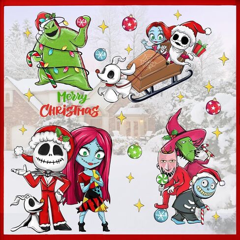Mfault Merry Christmas Jack Skellington Window Clings 4 Sheets, Xmas Sally Monster Witch Ghost Stickers Decals Decorations, Funny Home Kitchen Decor Holiday Gifts in Saudi Arabia