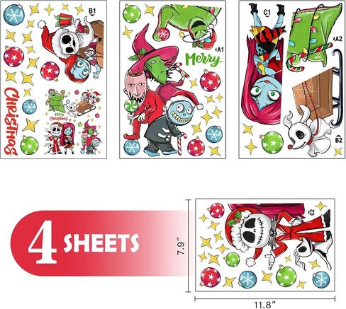 Mfault Merry Christmas Jack Skellington Window Clings 4 Sheets, Xmas Sally Monster Witch Ghost Stickers Decals Decorations, Funny Home Kitchen Decor Holiday Gifts in Saudi Arabia