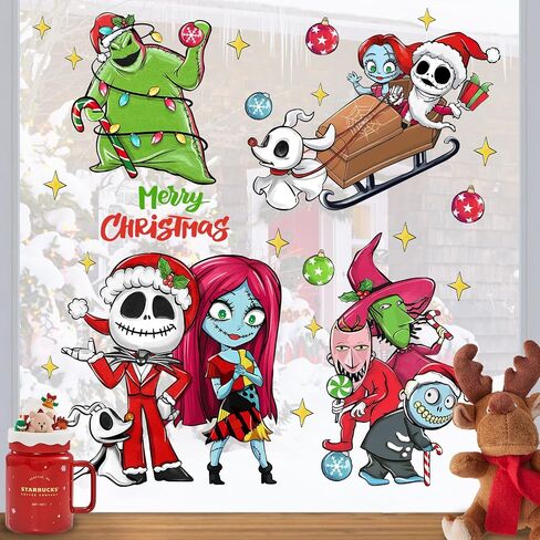 Mfault Merry Christmas Jack Skellington Window Clings 4 Sheets, Xmas Sally Monster Witch Ghost Stickers Decals Decorations, Funny Home Kitchen Decor Holiday Gifts in Saudi Arabia