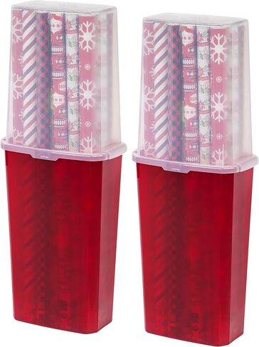 IRIS USA 40" Wrapping Paper Storage Container with Built-in Handles, 1 Pack, Fits up to 20 Rolls of Wrapping Paper, Holiday Storage-Bin, Vertical Christmas Birthday Gift Wrapping Organizer, Clear/Red in Saudi Arabia