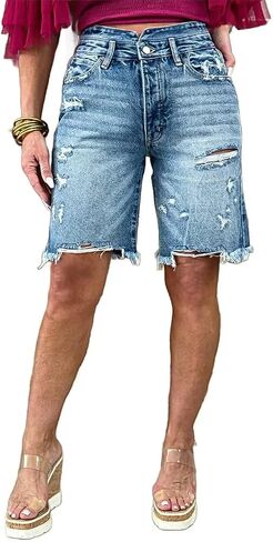 Flamingals Women's Raw Hem Ripped High Rise Bermuda Denim Shorts Summer Causal Short Mid Blue in Saudi Arabia