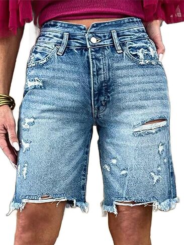 Flamingals Women's Raw Hem Ripped High Rise Bermuda Denim Shorts Summer Causal Short Mid Blue in Saudi Arabia