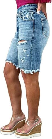 Flamingals Women's Raw Hem Ripped High Rise Bermuda Denim Shorts Summer Causal Short Mid Blue in Saudi Arabia