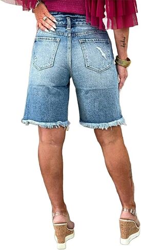 Flamingals Women's Raw Hem Ripped High Rise Bermuda Denim Shorts Summer Causal Short Mid Blue in Saudi Arabia