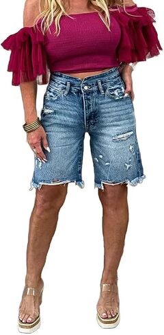 Flamingals Women's Raw Hem Ripped High Rise Bermuda Denim Shorts Summer Causal Short Mid Blue in Saudi Arabia