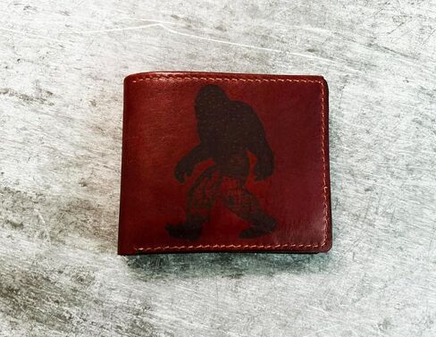 Bigfoot engraving leather wallet, Sasquatch art gift for him, forest mythical creature wallet, gift for boy in Saudi Arabia