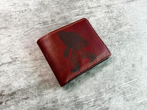 Bigfoot engraving leather wallet, Sasquatch art gift for him, forest mythical creature wallet, gift for boy in Saudi Arabia