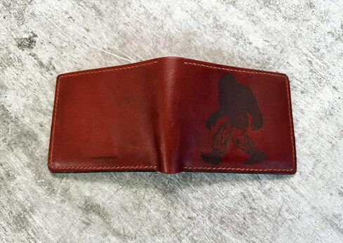 Bigfoot engraving leather wallet, Sasquatch art gift for him, forest mythical creature wallet, gift for boy in Saudi Arabia