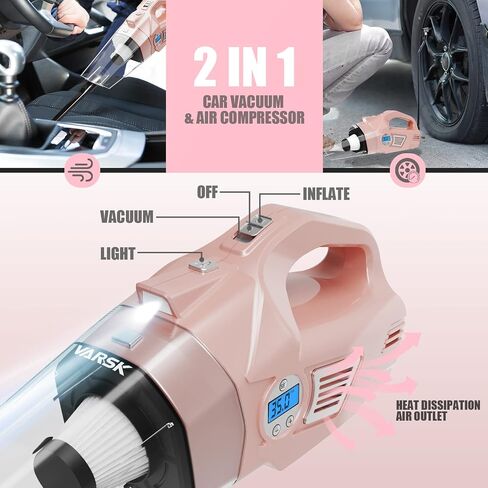 VARSK 4-in-1 Car Vacuum Cleaner, Tire Inflator Portable Air Compressor with Digital Tire Pressure Gauge LCD Display and LED Light, 12V DC Air Compressor Pump, 15FT Cord, Bonus HEPA Filter and Nozzles in Saudi Arabia