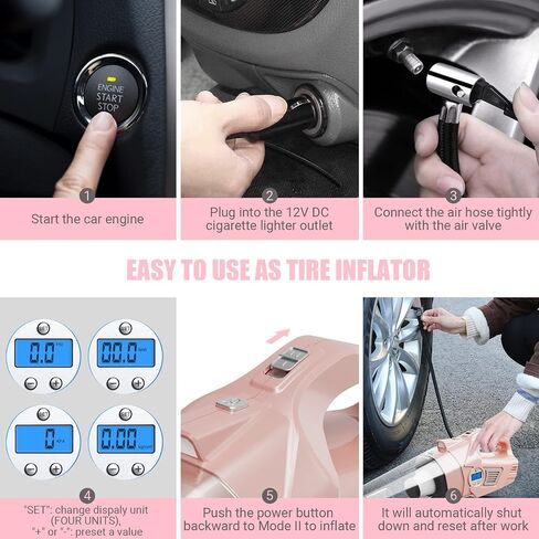 VARSK 4-in-1 Car Vacuum Cleaner, Tire Inflator Portable Air Compressor with Digital Tire Pressure Gauge LCD Display and LED Light, 12V DC Air Compressor Pump, 15FT Cord, Bonus HEPA Filter and Nozzles in Saudi Arabia