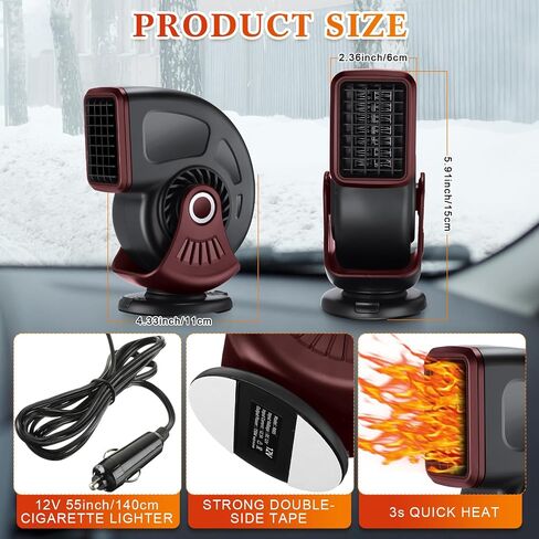 3 Pcs Portable Car Heater, 12v 150w Auto Heater Fan Windshield Defroster, Portable Heater Car Plug in Cigarette Lighter 2 In1 Fast Heating or Cooling Fan with 360 Degree Suction (Black Red) in Kuwait