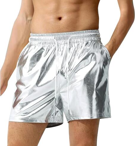 Mens Metallic Shorts 5.5 in Inseam Drawstrang Rave Shorts with Pocket in Saudi Arabia
